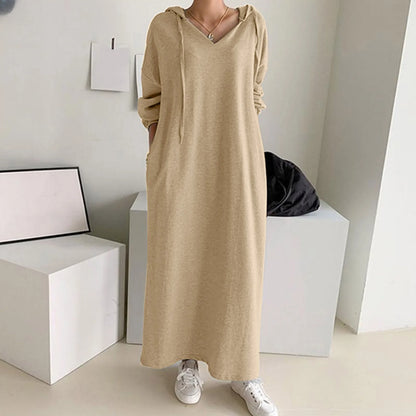 FashionSierra - Solid Loose V Neck Casual Fashion Hooded Long Sleeve Drawstring Autumn Ladies Knee Length Dress