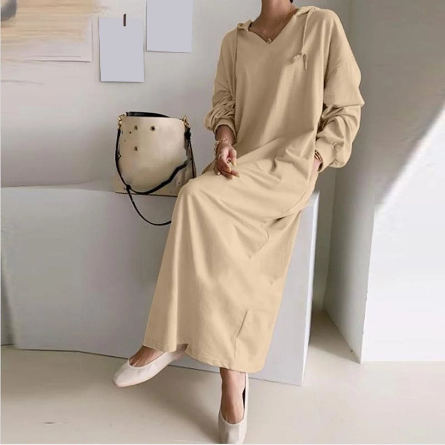 FashionSierra - Solid Loose V Neck Casual Fashion Hooded Long Sleeve Drawstring Autumn Ladies Knee Length Dress