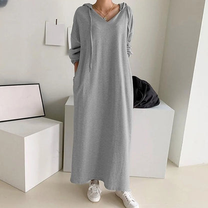 FashionSierra - Solid Loose V Neck Casual Fashion Hooded Long Sleeve Drawstring Autumn Ladies Knee Length Dress