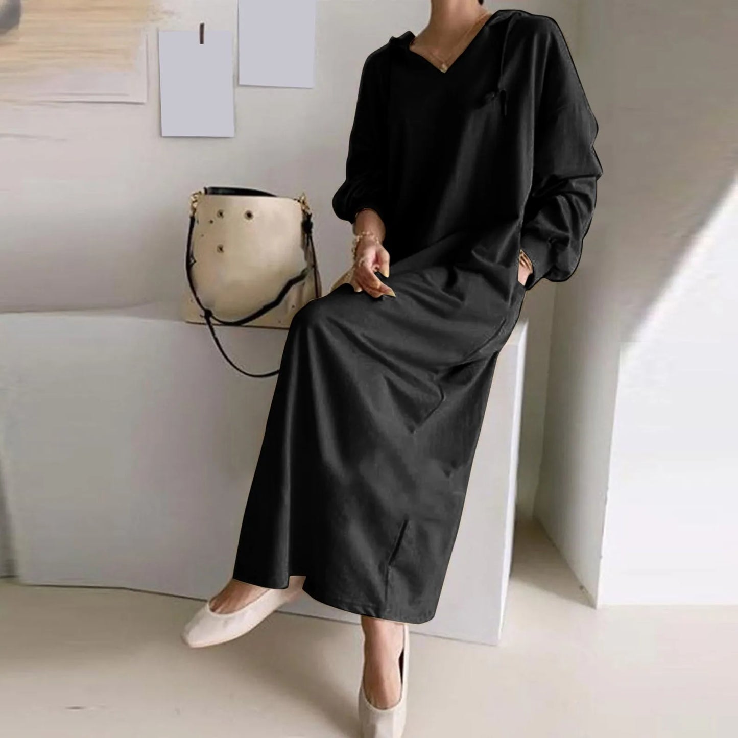 FashionSierra - Solid Loose V Neck Casual Fashion Hooded Long Sleeve Drawstring Autumn Ladies Knee Length Dress