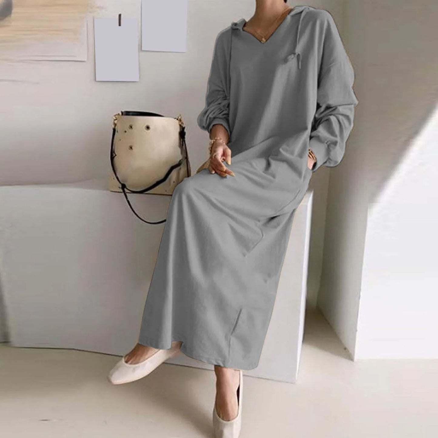 FashionSierra - Solid Loose V Neck Casual Fashion Hooded Long Sleeve Drawstring Autumn Ladies Knee Length Dress