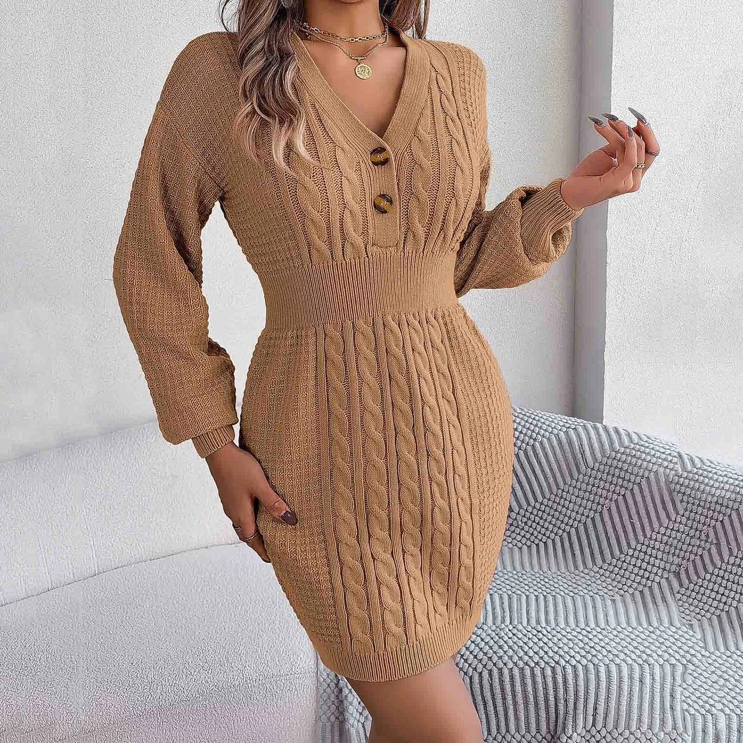 FashionSierra - Long V Neck Button High Elastic Knit Striped Sweater Spring Autumn Dress