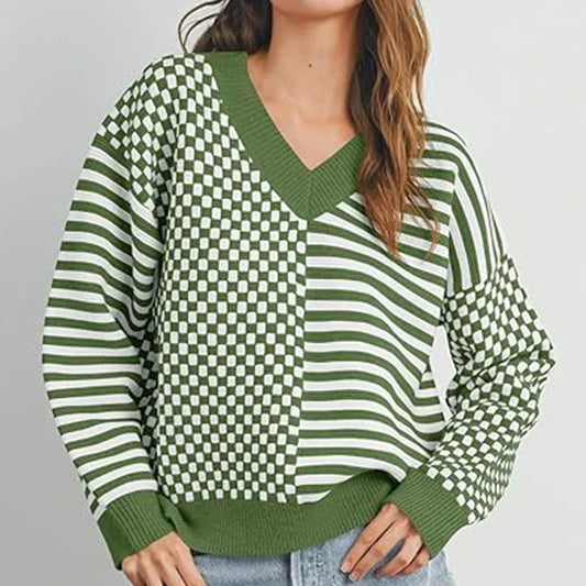 Loose Striped Plaid Casual Long Sleeve Cute Retro Chic Green Christmas Sweater Green / S Sweaters-L