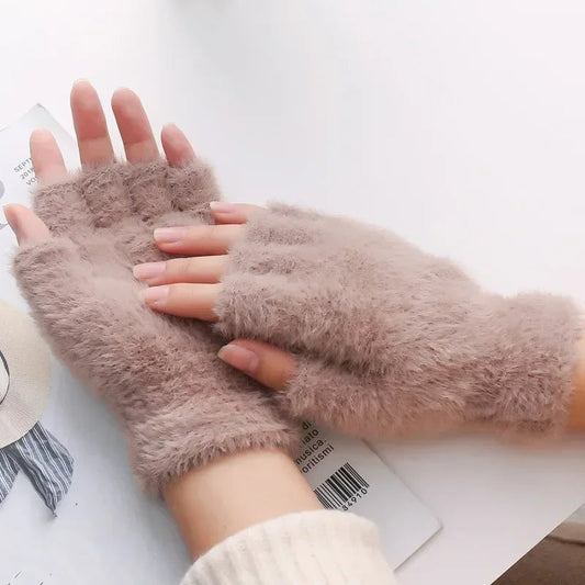 Half Finger Imitation Mink Cashmere Woolen Driving Glove for Winter Outdoor Christmas