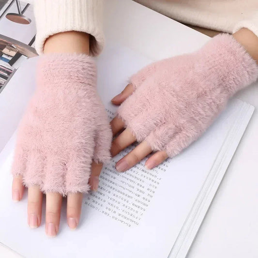 Half Finger Imitation Mink Cashmere Woolen Driving Glove for Winter Outdoor Christmas