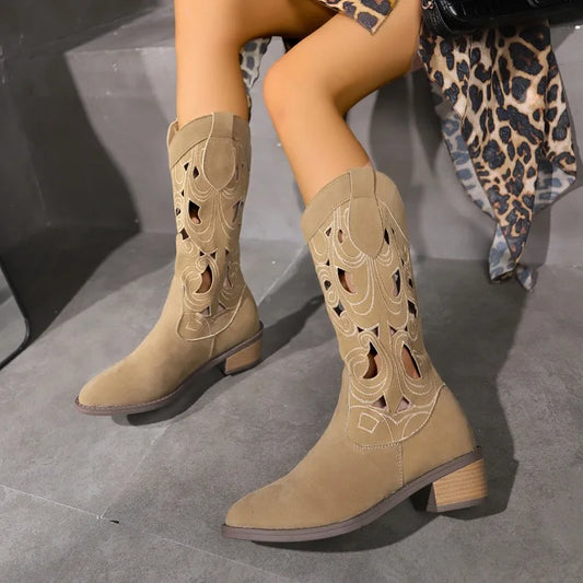 Women Mid-Calf Western Boots Heels Embroidery Hollow Cowboy Boots for Women  Autumn Winter Fashion Leather Boots Zapatos Mujer