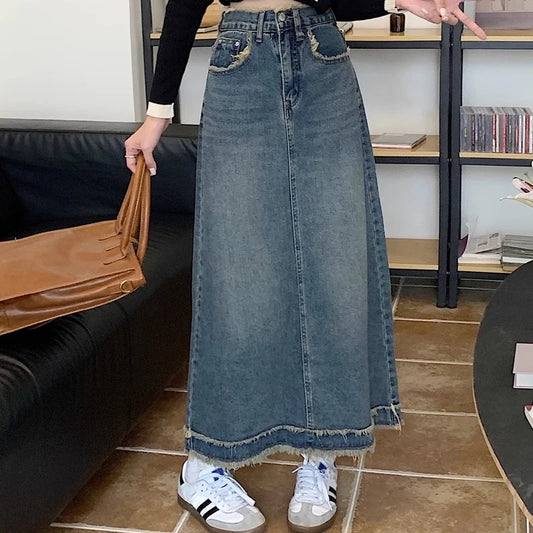 Street Style Blue Grey High-Waist Denim A-Line Bottom