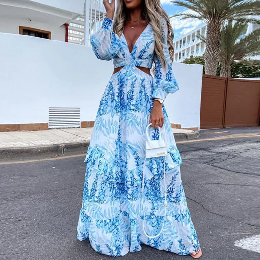 FashionSierra - 2024 Elegant V-neck Sleeveless Print Maxi Boho Dress