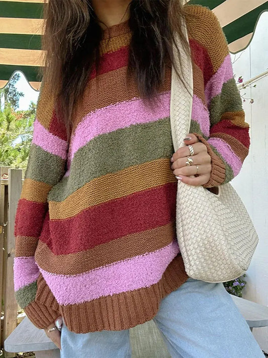 Women Rainbow Striped Patchwork Warm Fashion O Neck Long Sleeve Sweater