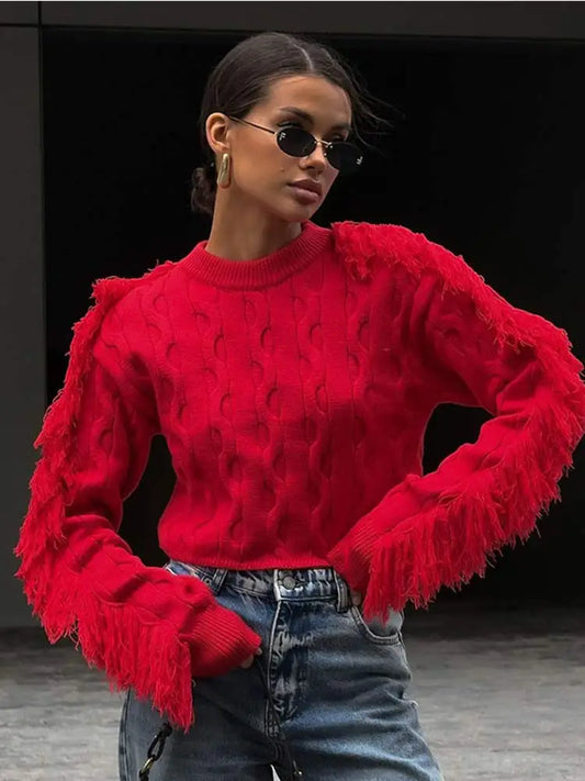 Women Red Tassels Patchwork Elegant O Neck Long Sleeves Loose Short Chic Ladies Sweater