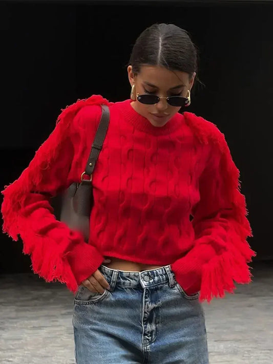 Women Red Tassels Patchwork Elegant O Neck Long Sleeves Loose Short Chic Ladies Sweater