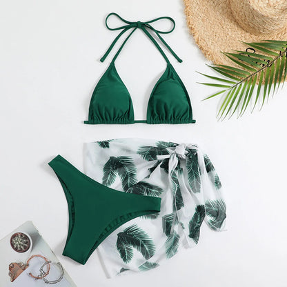Women's Beach Sarong Backless Leaf Printing High Waisted Shorts Bikini Sets