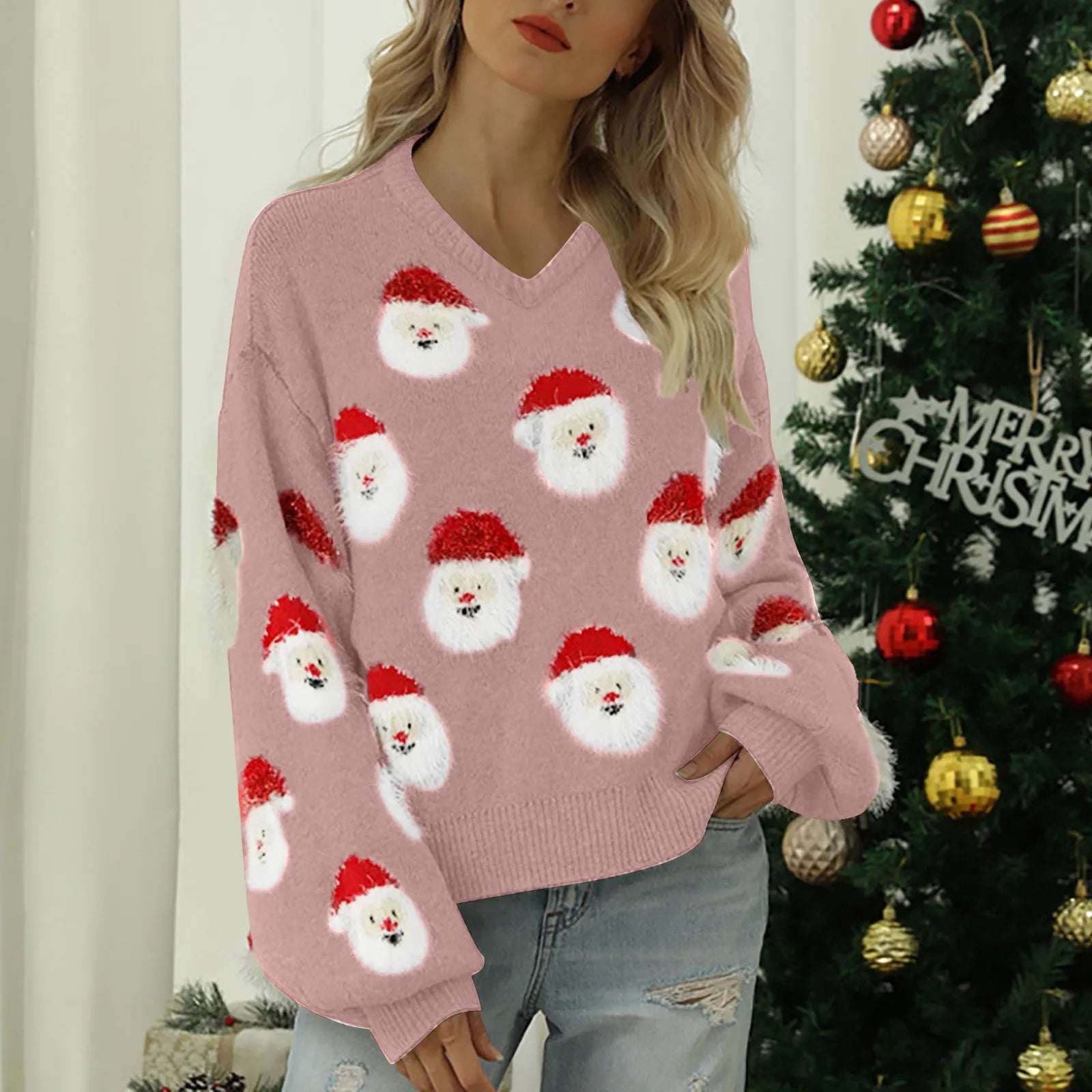 Crewneck Soft Loose Pullover Autumn Winter Christmas Sweater Pink / S Sweaters-L