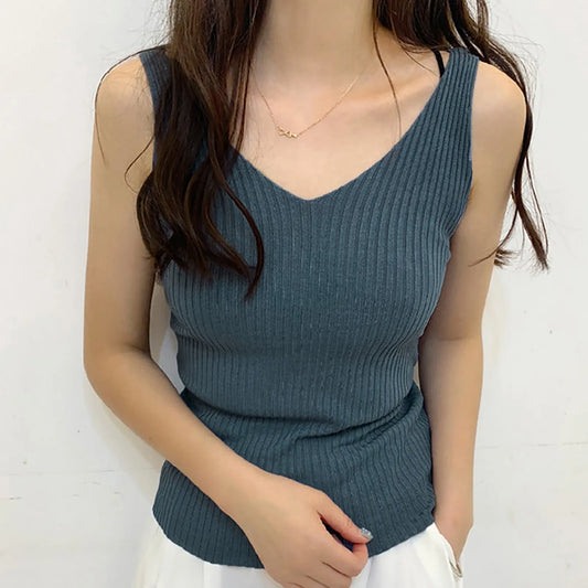 Knitted Ribbed Slim Camis Sleeveless Round Neck Tank Top