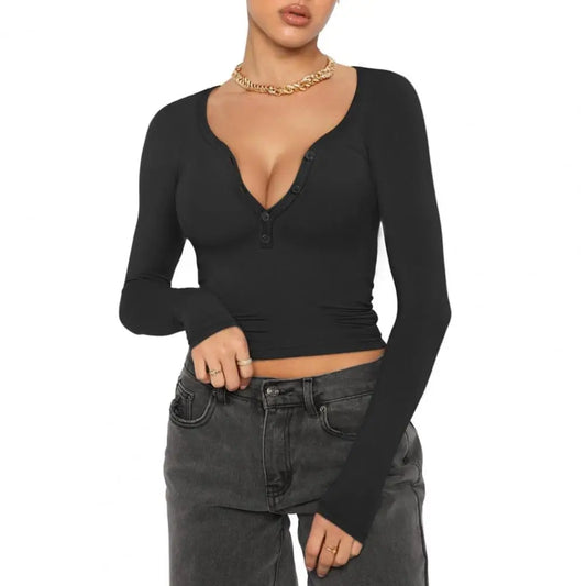 Women V Neck Long Sleeve Slim Button Neckline Crop Top