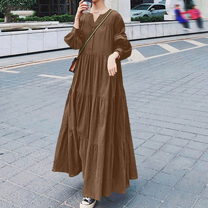 FashionSierra - Women Shirt Maxi Long Casual Spring Big Hem Long Sleeved V Neck Solid Vestidos Robe Femme Oversize Ruffles Sundress