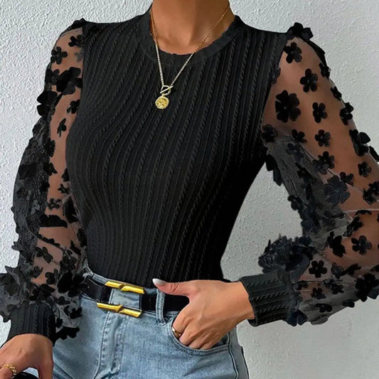 Women Shirt See-through Mesh Flower Long Sleeve Soft Blouse