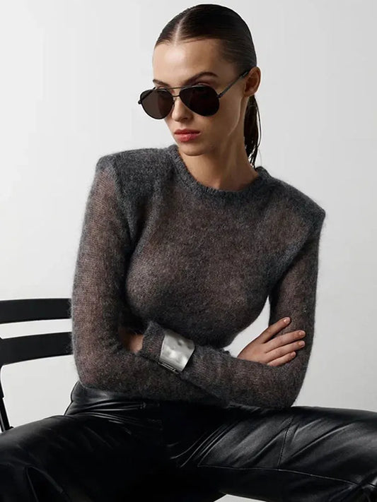 Women Solid Round Neck Thin Elegant Long Sleeve Bodycon Autumn Fashion Commuting Sweater