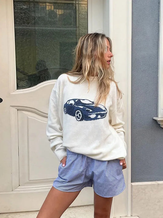 Women Sports Car Printed Knitted Pullover Tops Casual Round Neck Long Sleeves Sweater