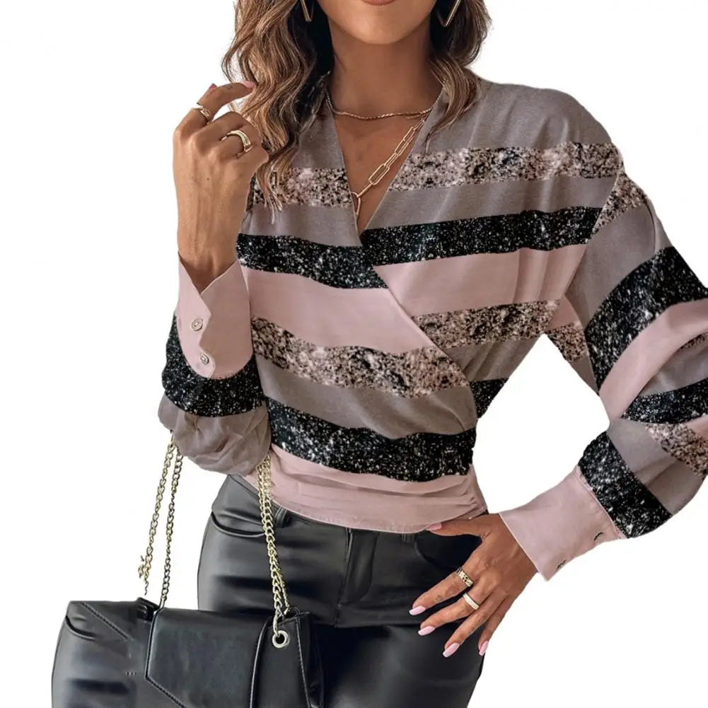 Women Spring Autumn V-Neck Cuffed Long Sleeve Plaid Striped Blouse