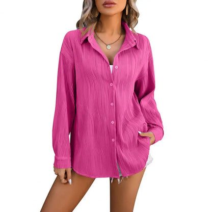 Women Spring Shirt Lapel Long Sleeve Button Down Solid Color Blouse