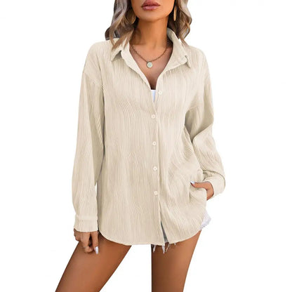 Women Spring Shirt Lapel Long Sleeve Button Down Solid Color Blouse