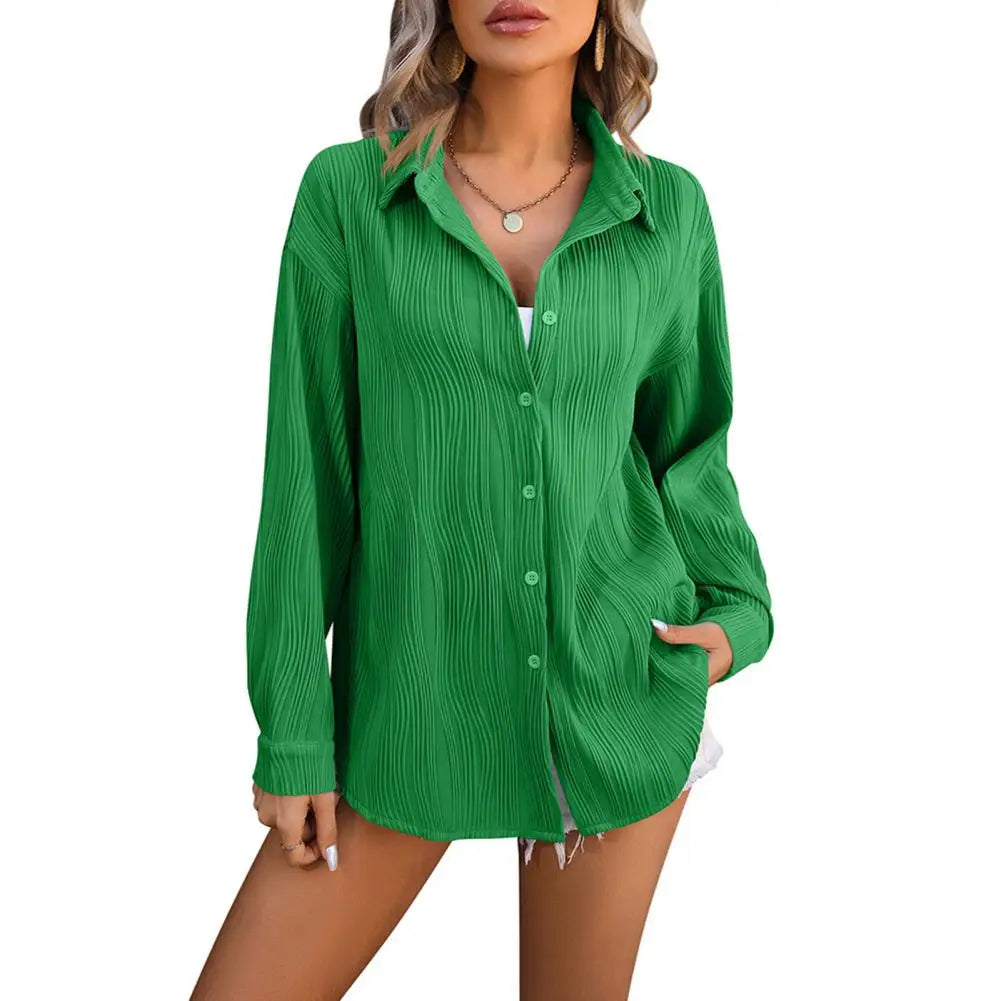 Women Spring Shirt Lapel Long Sleeve Button Down Solid Color Blouse