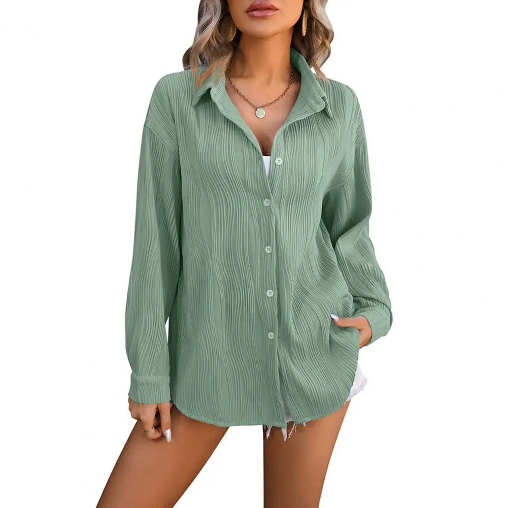 Women Spring Shirt Lapel Long Sleeve Button Down Solid Color Blouse