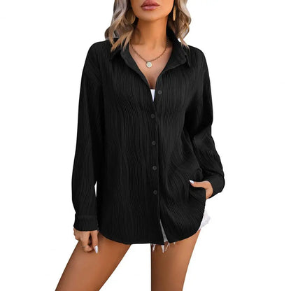 Women Spring Shirt Lapel Long Sleeve Button Down Solid Color Blouse