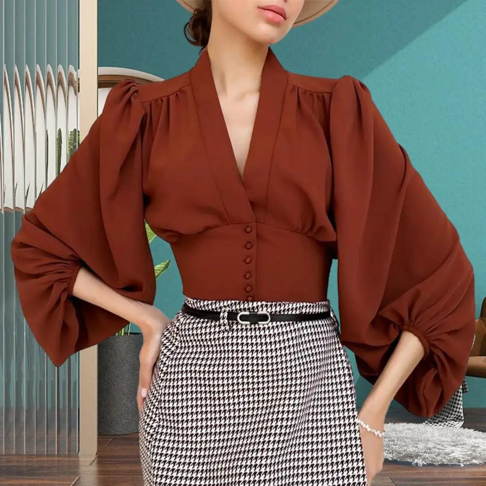 Women Spring Autumn Shirt Top Elastic Long Sleeve V-Neck Loose Blouse