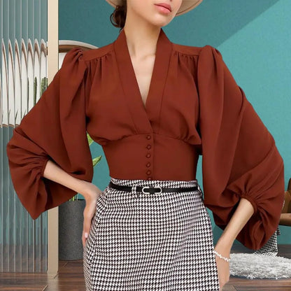 Women Spring Autumn Shirt Top Elastic Long Sleeve V-Neck Loose Blouse