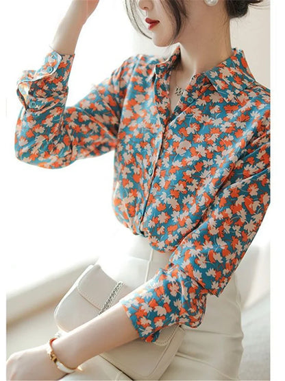 Spring Autumn Casual Printed Turn-down Collar Long Sleeve Blouse