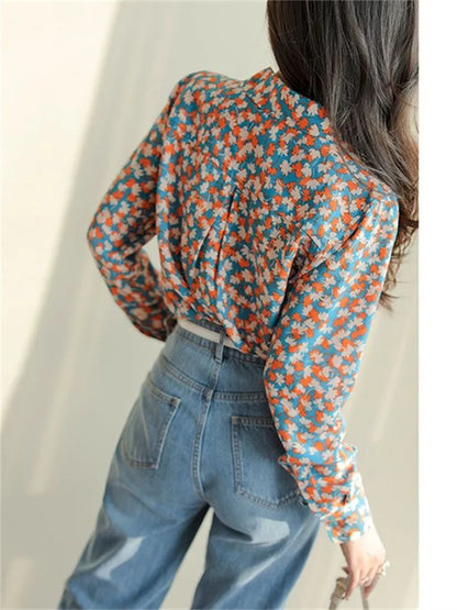 Spring Autumn Casual Printed Turn-down Collar Long Sleeve Blouse