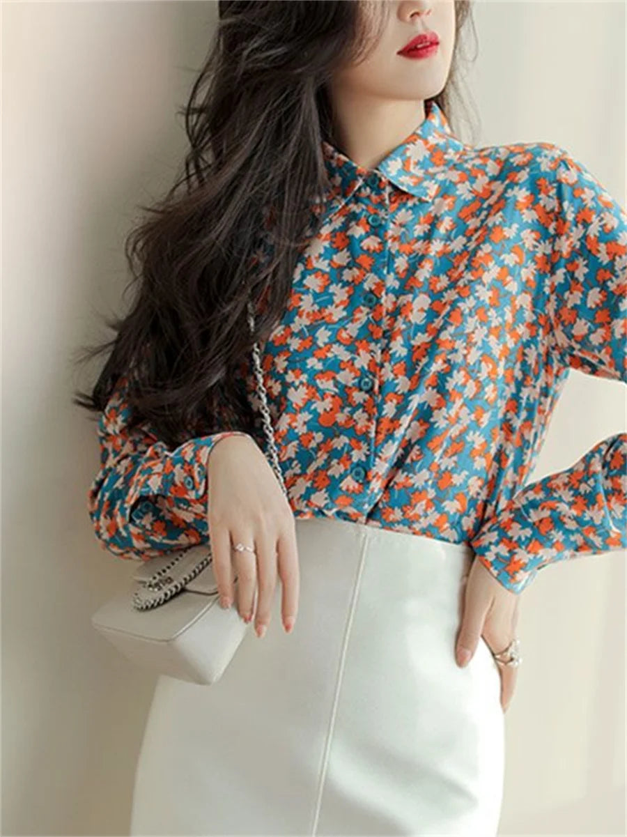 Spring Autumn Casual Printed Turn-down Collar Long Sleeve Blouse