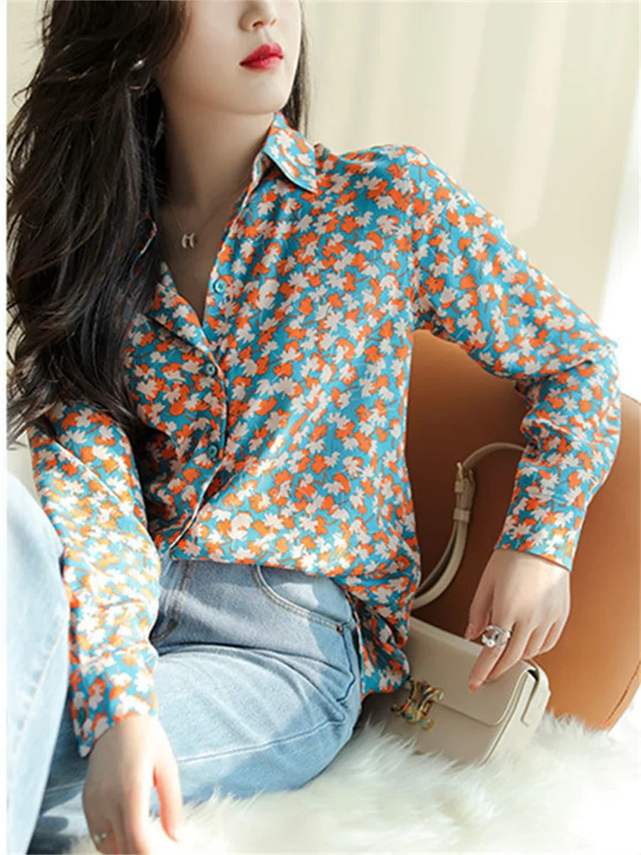 Spring Autumn Casual Printed Turn-down Collar Long Sleeve Blouse