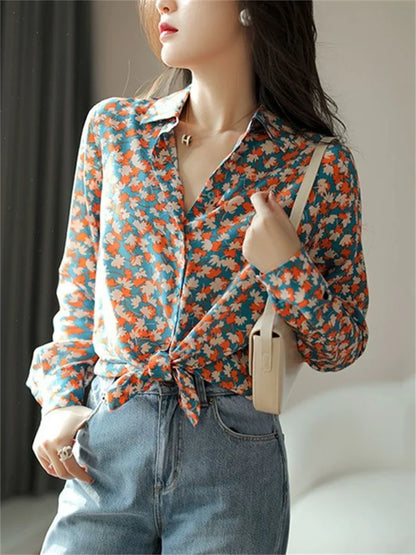 Spring Autumn Casual Printed Turn-down Collar Long Sleeve Blouse