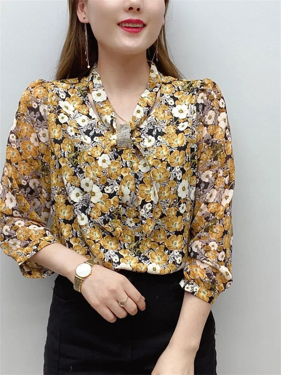 Spring Autumn Casual Chiffon Bow Tie Collar Flower Printed Blouse