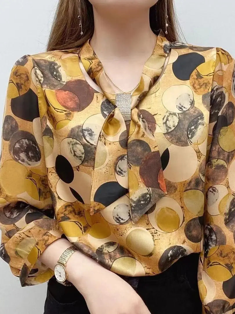 Spring Autumn Casual Chiffon Bow Tie Collar Flower Printed Blouse