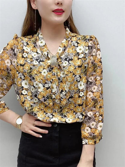 Spring Autumn Casual Chiffon Bow Tie Collar Flower Printed Blouse