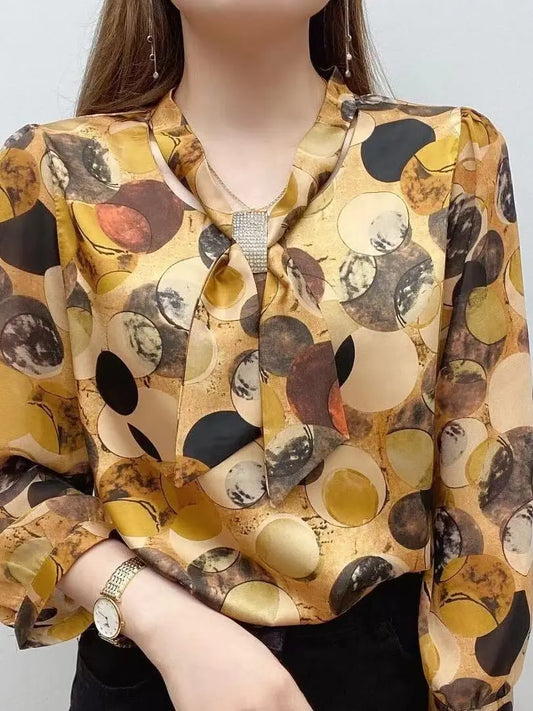 Spring Autumn Casual Chiffon Bow Tie Collar Flower Printed Blouse