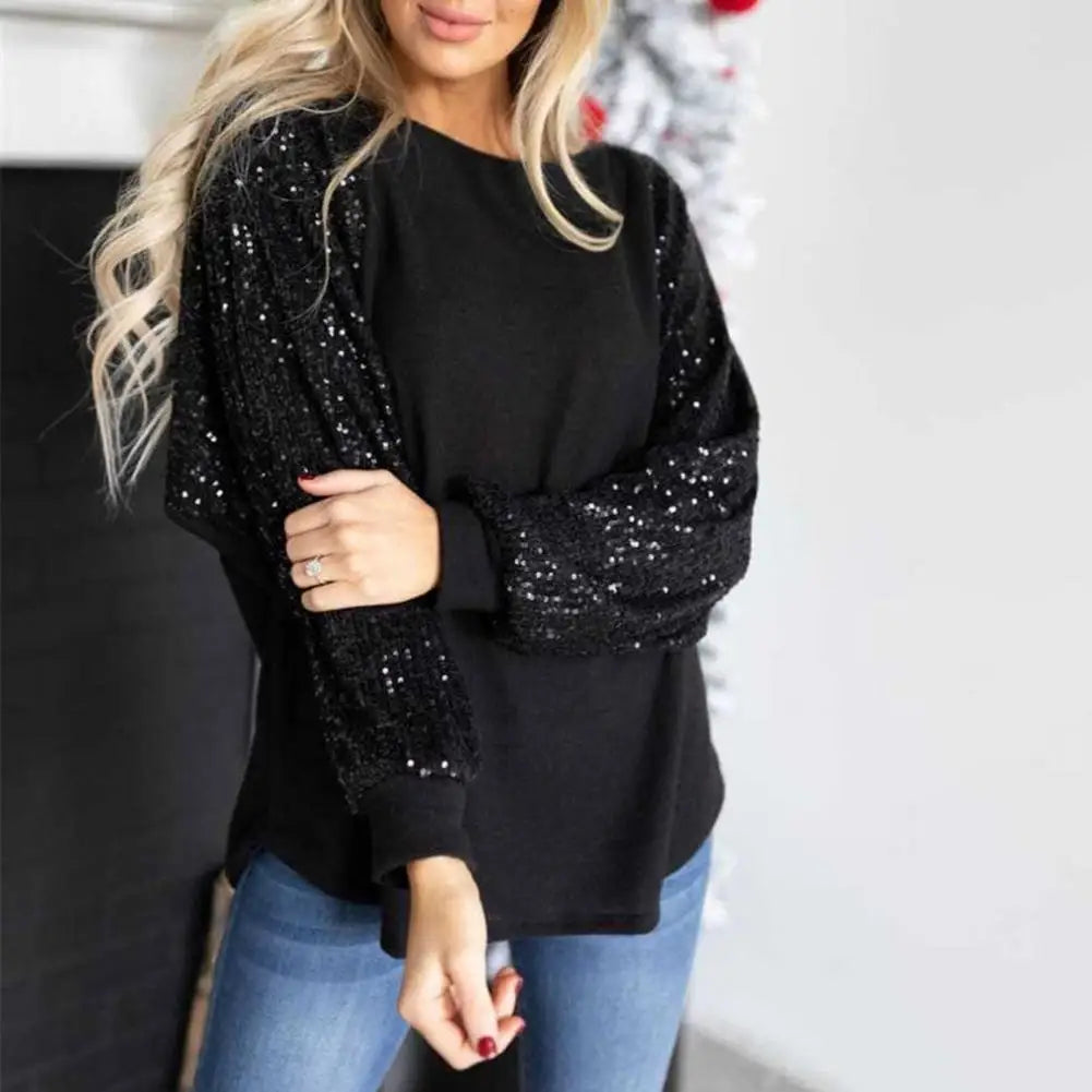 Women Spring Tops O-neck Sequin Patchwork Raglan Long Sleeve Blouse