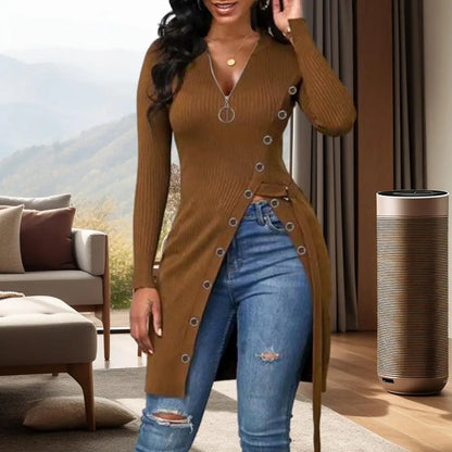 Women Spring Top Zipper V Neck Long Sleeve High Split Hem Lace Blouse