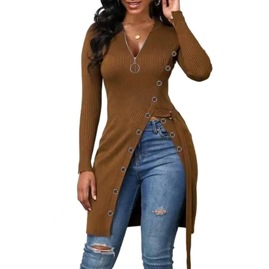 Women Spring Top Zipper V Neck Long Sleeve High Split Hem Lace Blouse