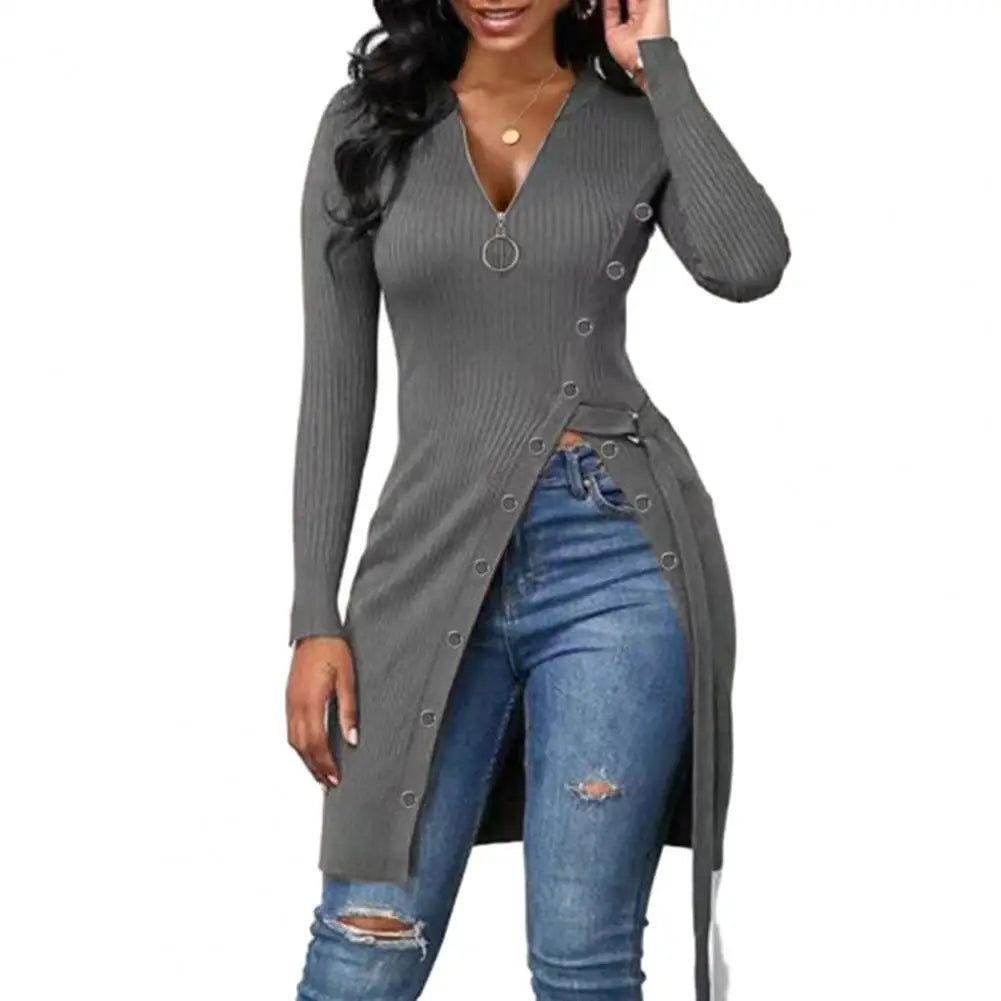 Women Spring Top Zipper V Neck Long Sleeve High Split Hem Lace Blouse