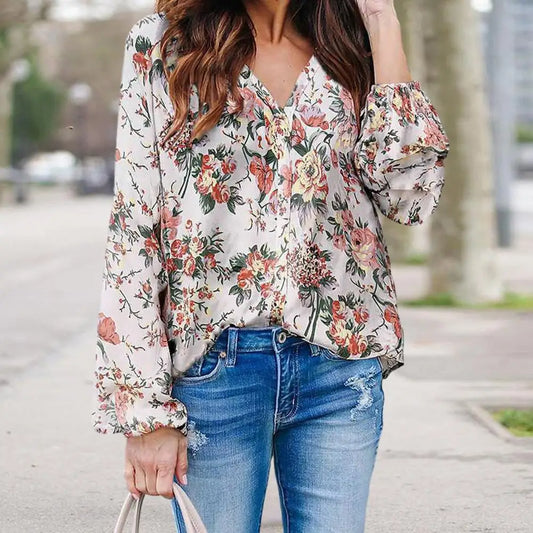 Women Spring Floral Print V Neck Long Sleeve Soft Bohemian Blouse