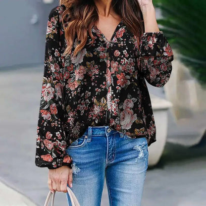 Women Spring Floral Print V Neck Long Sleeve Soft Bohemian Blouse