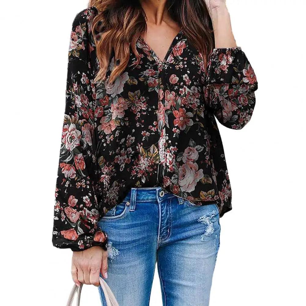 Women Spring Floral Print V Neck Long Sleeve Soft Bohemian Blouse