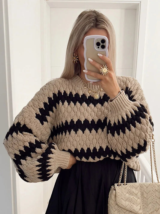 Women Striped Print Knitted Short Pullover Fashion O Neck Lantern Long Sleeve Sweater