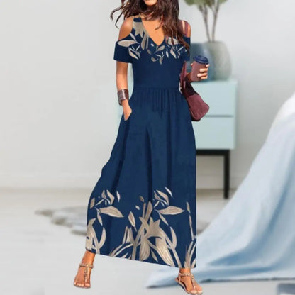 FashionSierra - 2024 Flower Print Hollow Out Pleated Maxi Boho Dress