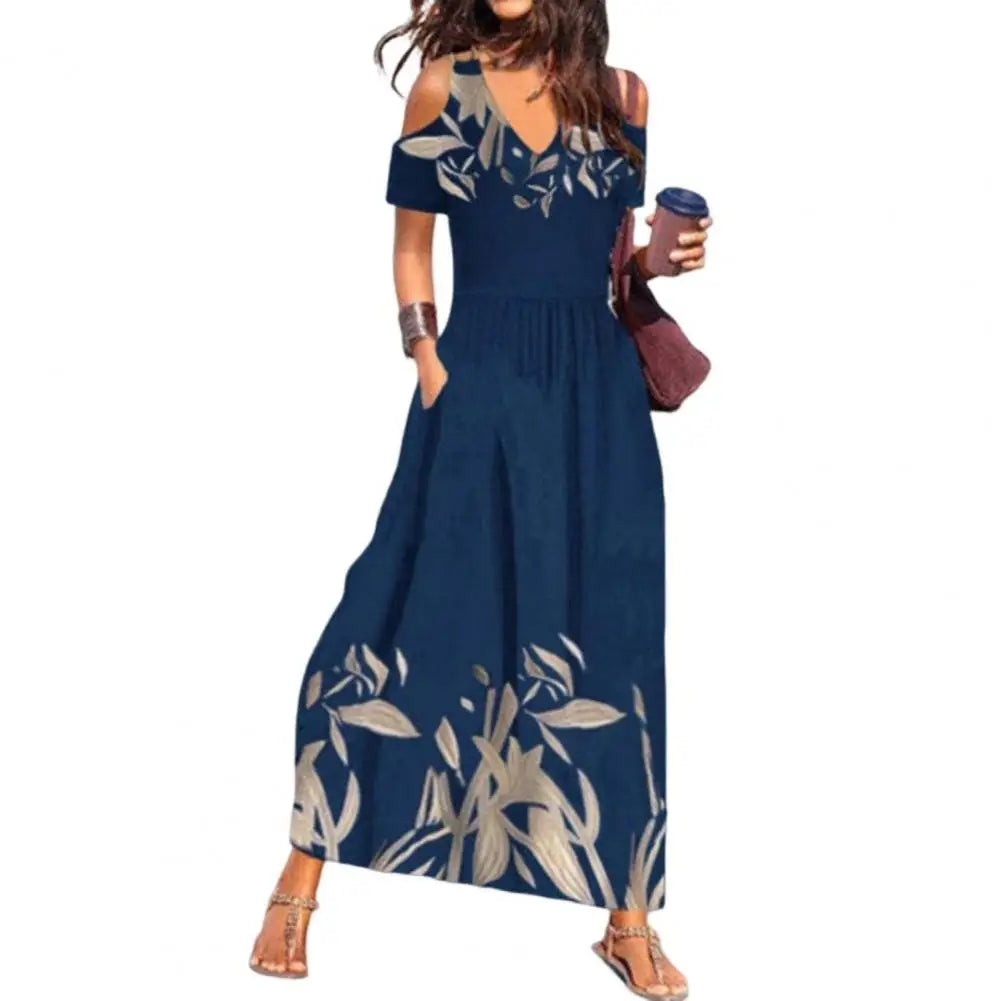FashionSierra - 2024 Flower Print Hollow Out Pleated Maxi Boho Dress
